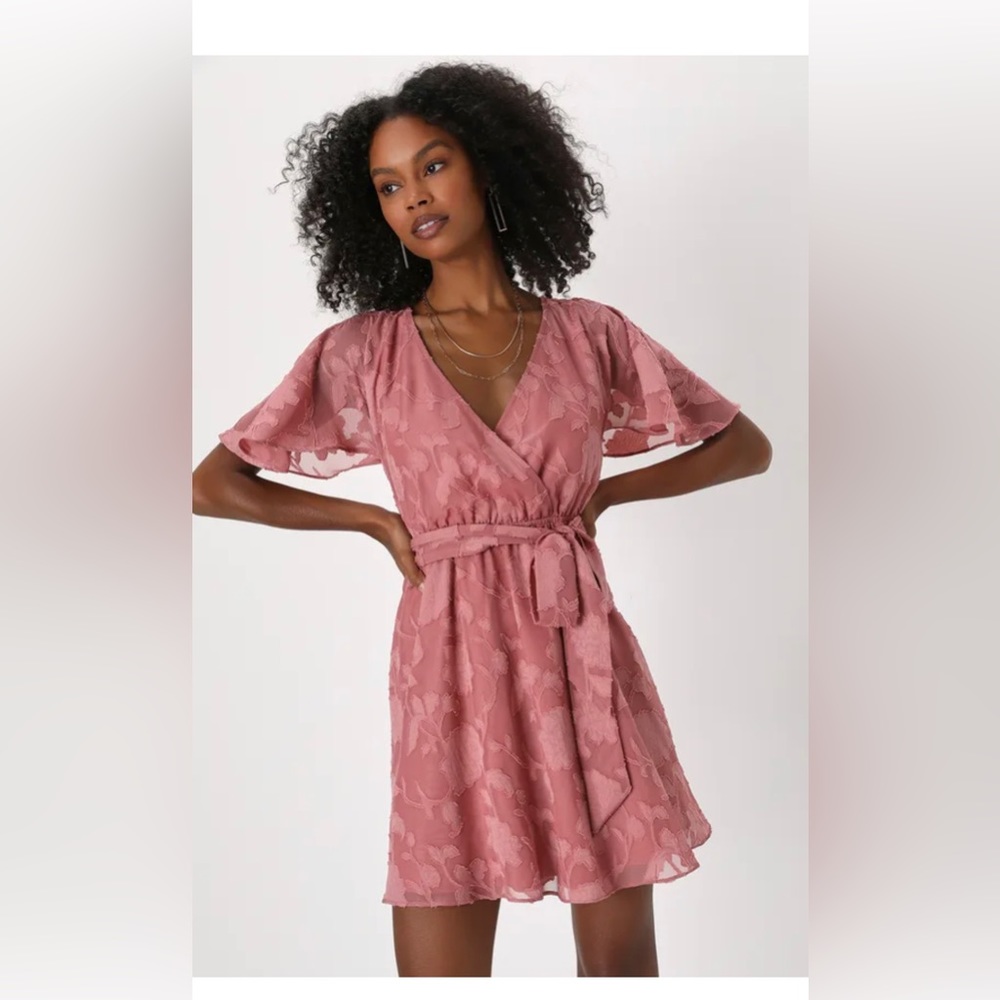 Flutter Forever Mauve Burnout Jacquard Flutter Sleeve Mini Dress